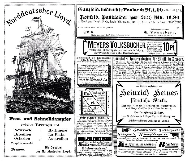 在1887年的德国杂志上刊登的广告，包括Nordddeutscher Lloyd